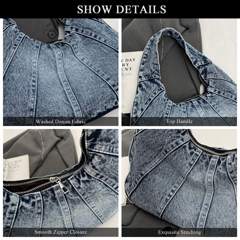 Extolove Denim Purse Trendy Jean Purses for Women Denim Hobo Tote Bags Y2K Shoulder Bag Handbags (Denim Blue) - Image 5
