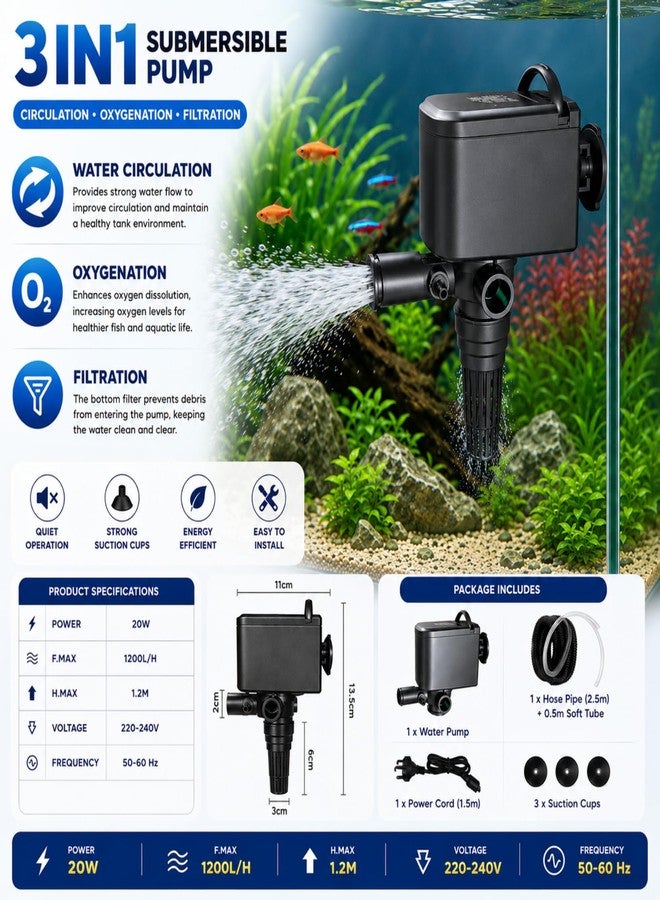VAYINATO PS 750 3-in-1 Submersible Aquarium Pump 15W for Fish Tank | Water Circulation, Oxygenation & Filtration | 1200L/H Aquarium Water Pump for Freshwater Tanks (PS 750) - Image 4