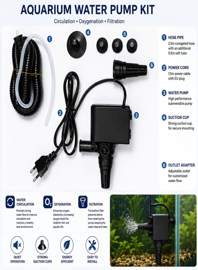 VAYINATO PS 750 3-in-1 Submersible Aquarium Pump 15W for Fish Tank | Water Circulation, Oxygenation & Filtration | 1200L/H Aquarium Water Pump for Freshwater Tanks (PS 750) - Image 3
