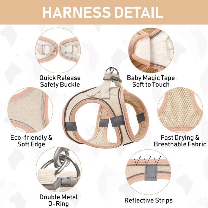 GAMUDA Small Pet Harness Collar and Leash Set, Step in No Chock No Pull Linen Fabric Soft Mesh Dog Vest Harnesses Reflective for Dogs Puppy Cats Kitten Rabbit (Khaki, S) - Image 3