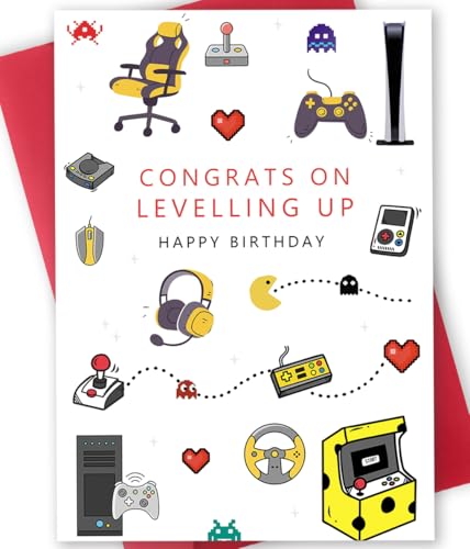 FANCYLUCKY Happy Birthday Gaming Letterpress Card for Him Her Funny Gamer Birthday Card for Son Daughter Unique Game Boy Birthday Card Game Birthday Party Decorations for Brother Boyfriend Husband - Image 1