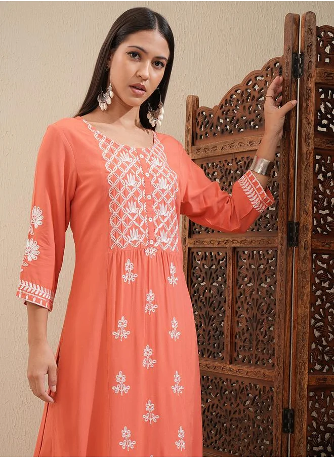 Vishudh Floral Embroidered Thread Work Straight Kurta & Palazzos Set