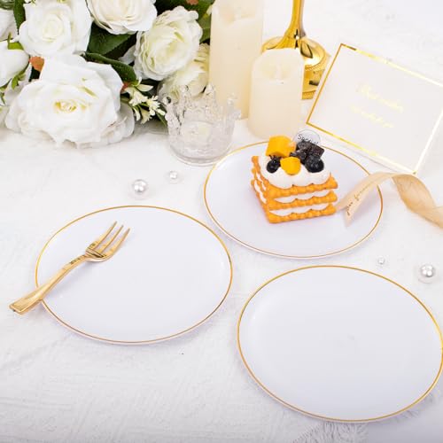 Festiva أطباق حلوى ذهبية 200 قطعة 6.3" مع شوك 5" - أطباق حلوى/كيك/مقبلات صغيرة قابلة للتصرف - تخدم 100 ضيف تشمل 100 طبق و100 شوكة لحفلات الزفاف وعيد الشكر وعيد الميلاد - Image 4