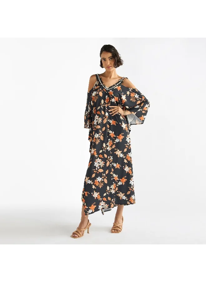 Splash FAV Floral Print V-neck Maxi Dress with Cold Shoulder Sleeves