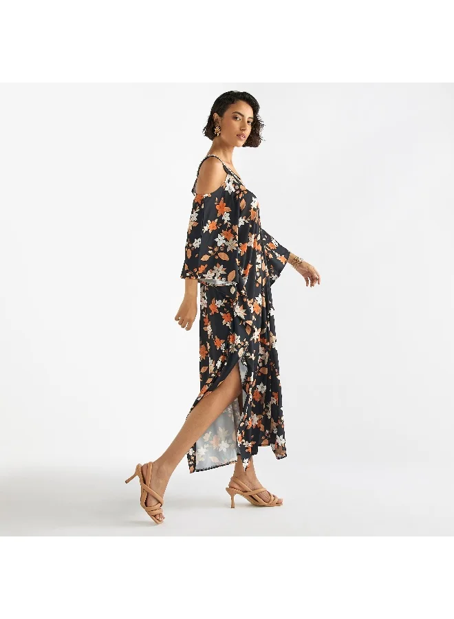 Splash FAV Floral Print V-neck Maxi Dress with Cold Shoulder Sleeves