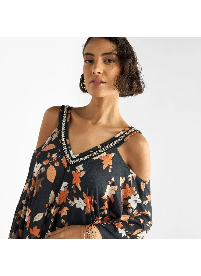 FAV Floral Print V-neck Maxi Dress with Cold Shoulder Sleeves