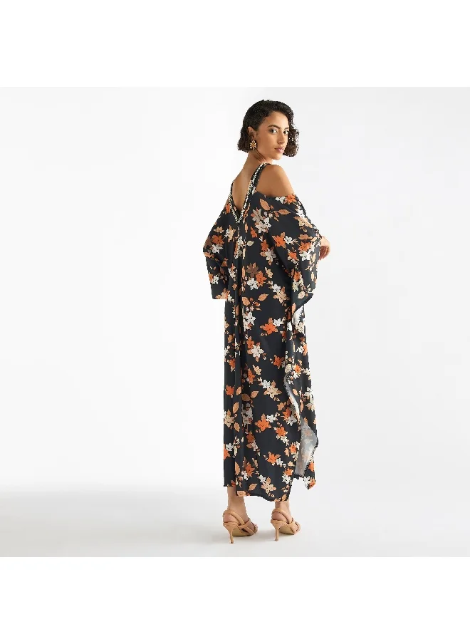 FAV Floral Print V-neck Maxi Dress with Cold Shoulder Sleeves