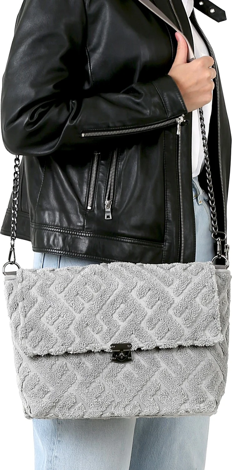 Hamur Dough Women's Fabric Hand and Shoulder Bag Maze Gray Fur Plush Knitted Crossbody Bag