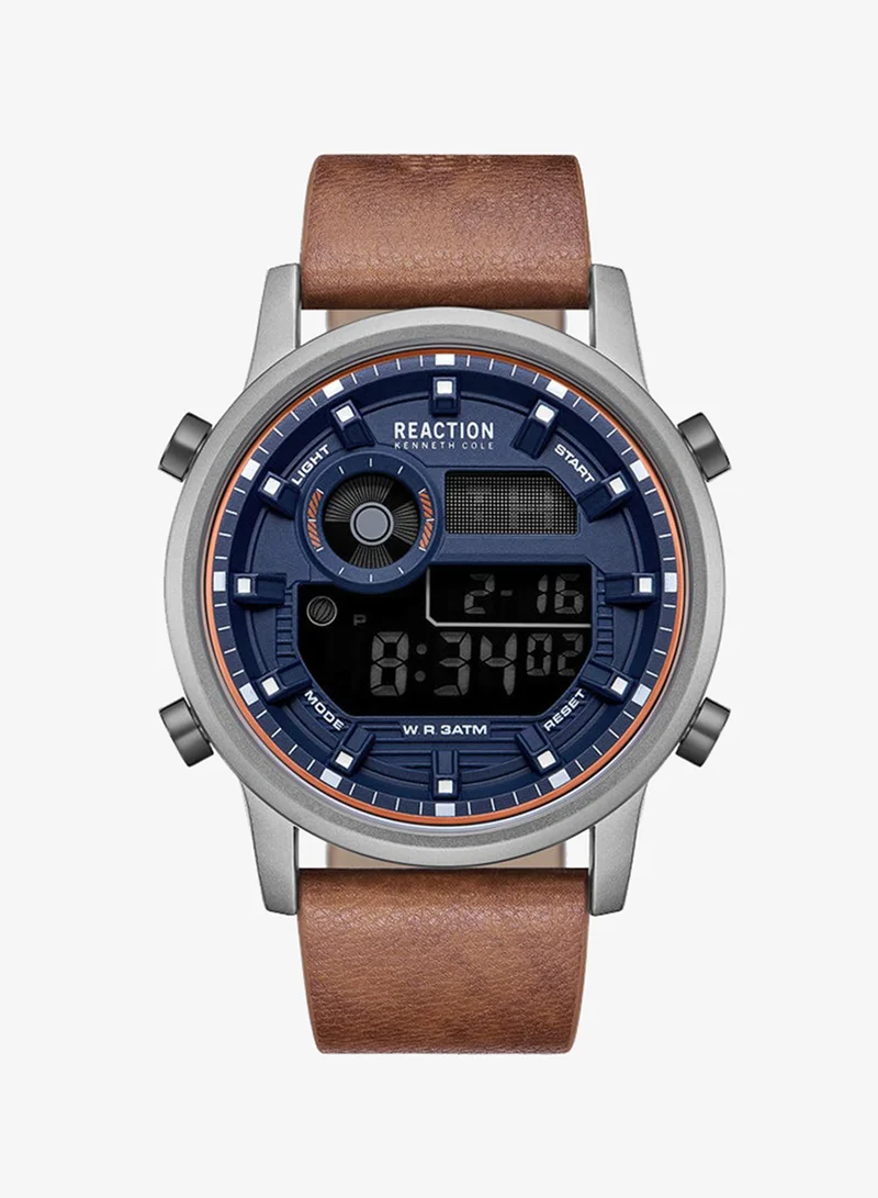 Kenneth Cole Reaction Digital Gents Watch With Brown Synthetic Leather Strap 46mm - KRWGD9006401