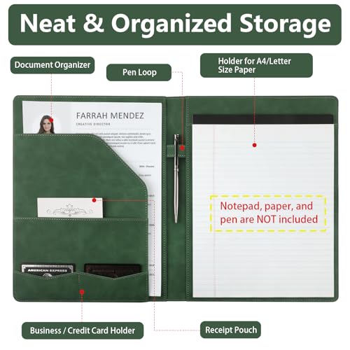 Mkobon Professional Padfolio Portfolio Binder, Textured Embossing Faux Leather Folder Organizer for Letter Size Legal Pad Notepad Resume, Card Holder for Women Men Business Office Conference (Green) - Image 3