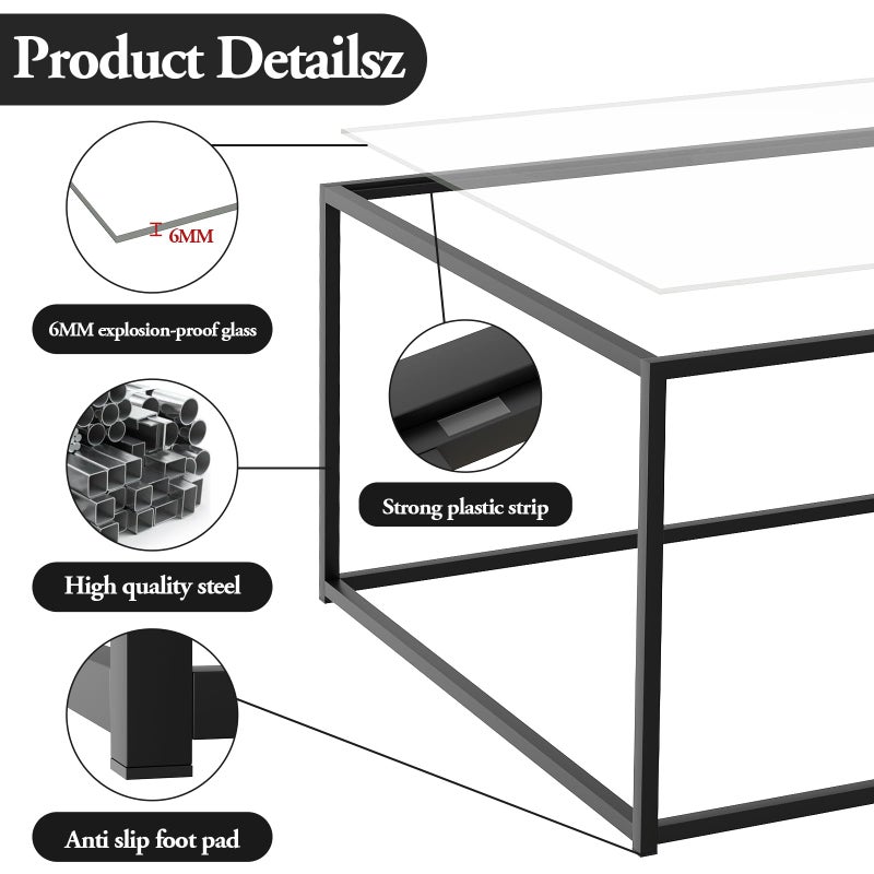 Adompacat Black Glass Coffee Table for Living Room,Square Coffee Tables for Small Spaces,Simple Tea Cocktail Modern Center Tables, Living Room Tables,Easy Assembly,26 * 26inï¼ˆBlack & Clear Glassï¼‰ - Image 5