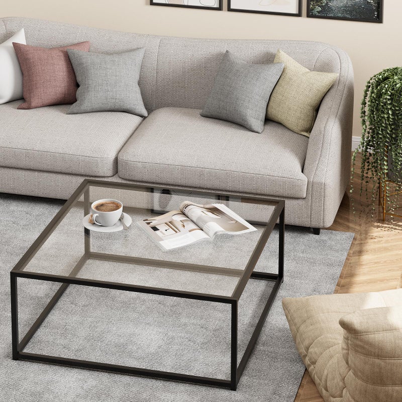 Adompacat Black Glass Coffee Table for Living Room,Square Coffee Tables for Small Spaces,Simple Tea Cocktail Modern Center Tables, Living Room Tables,Easy Assembly,26 * 26inï¼ˆBlack & Clear Glassï¼‰ - Image 2