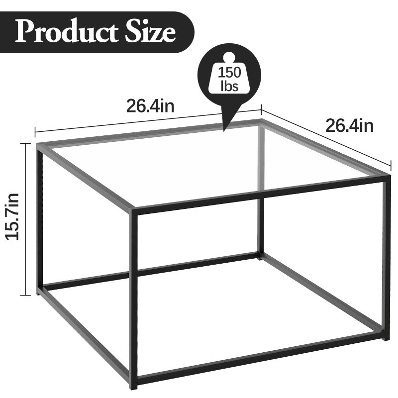 Adompacat Black Glass Coffee Table for Living Room,Square Coffee Tables for Small Spaces,Simple Tea Cocktail Modern Center Tables, Living Room Tables,Easy Assembly,26 * 26inï¼ˆBlack & Clear Glassï¼‰ - Image 3