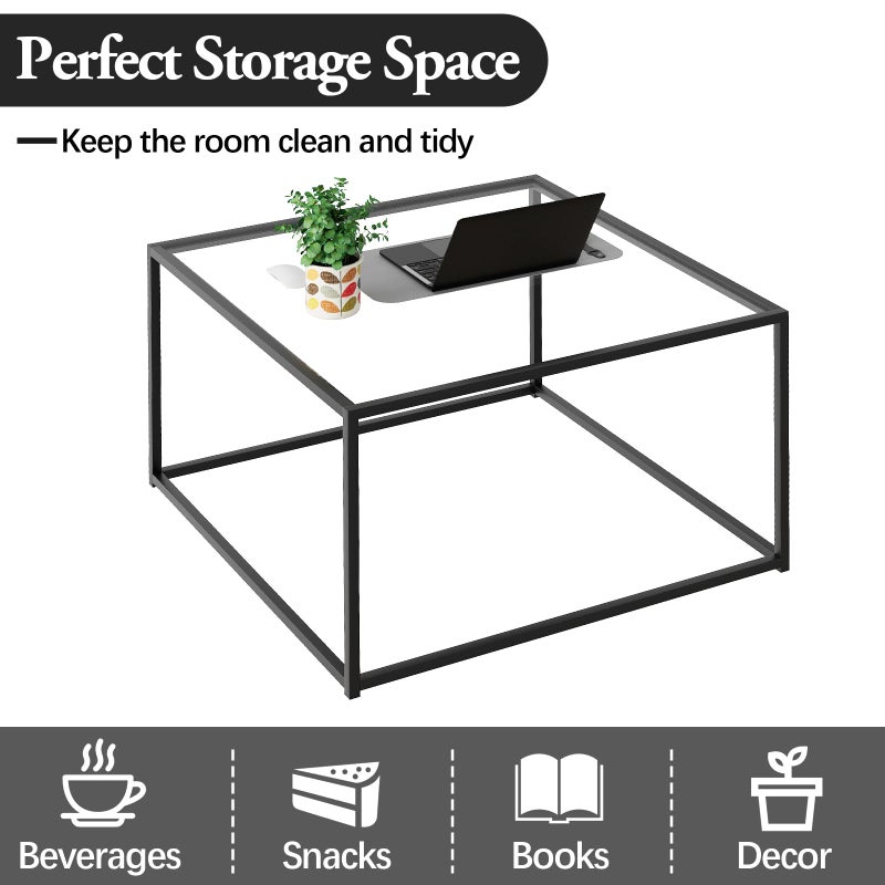 Adompacat Black Glass Coffee Table for Living Room,Square Coffee Tables for Small Spaces,Simple Tea Cocktail Modern Center Tables, Living Room Tables,Easy Assembly,26 * 26inï¼ˆBlack & Clear Glassï¼‰ - Image 4