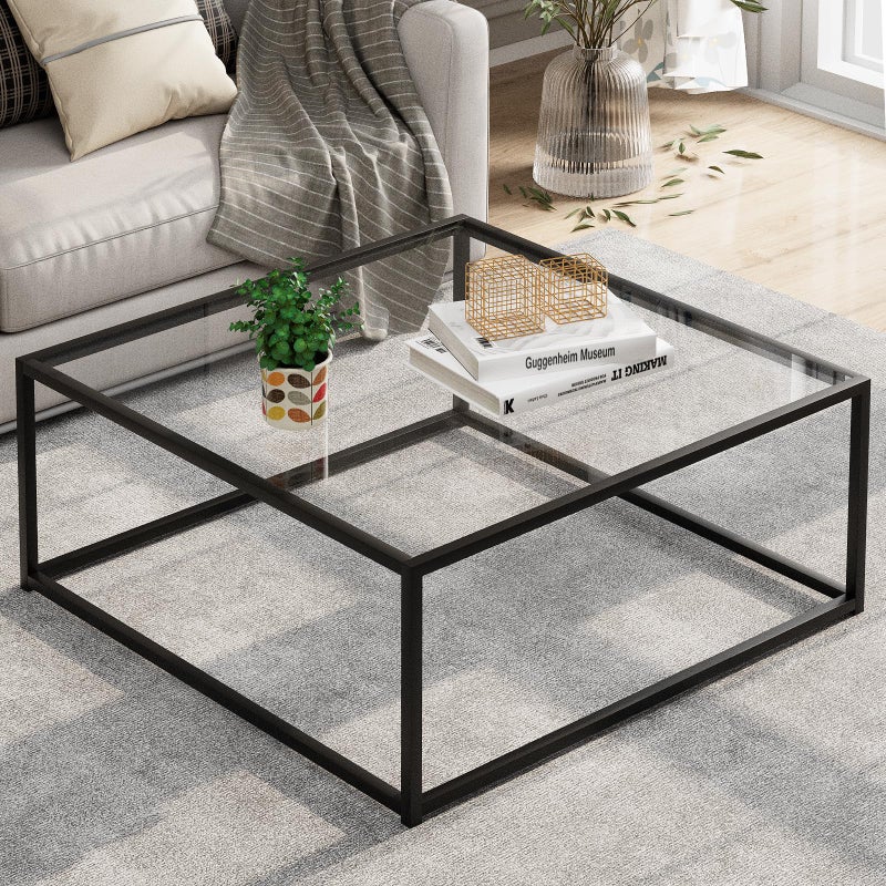 Adompacat Black Glass Coffee Table for Living Room,Square Coffee Tables for Small Spaces,Simple Tea Cocktail Modern Center Tables, Living Room Tables,Easy Assembly,26 * 26inï¼ˆBlack & Clear Glassï¼‰ - Image 1
