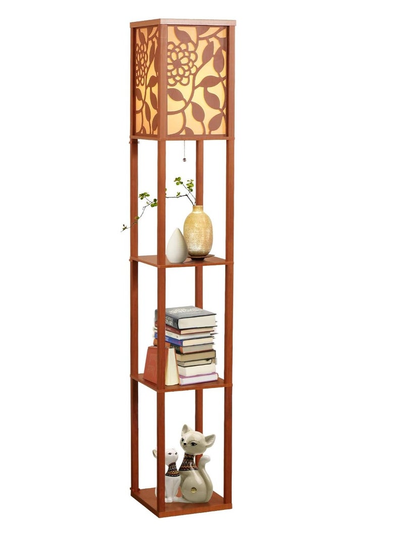 Midwest LED Shelf Floor Lamp, Modern Standing Lamp with 3 Wood Display Storage Shelves and Brown Linen Shade, Asian Wooden Frame Nightstand Floor Light for Living Room Bedroom Office - Image 1