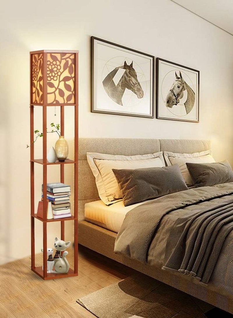 Midwest LED Shelf Floor Lamp, Modern Standing Lamp with 3 Wood Display Storage Shelves and Brown Linen Shade, Asian Wooden Frame Nightstand Floor Light for Living Room Bedroom Office - Image 5