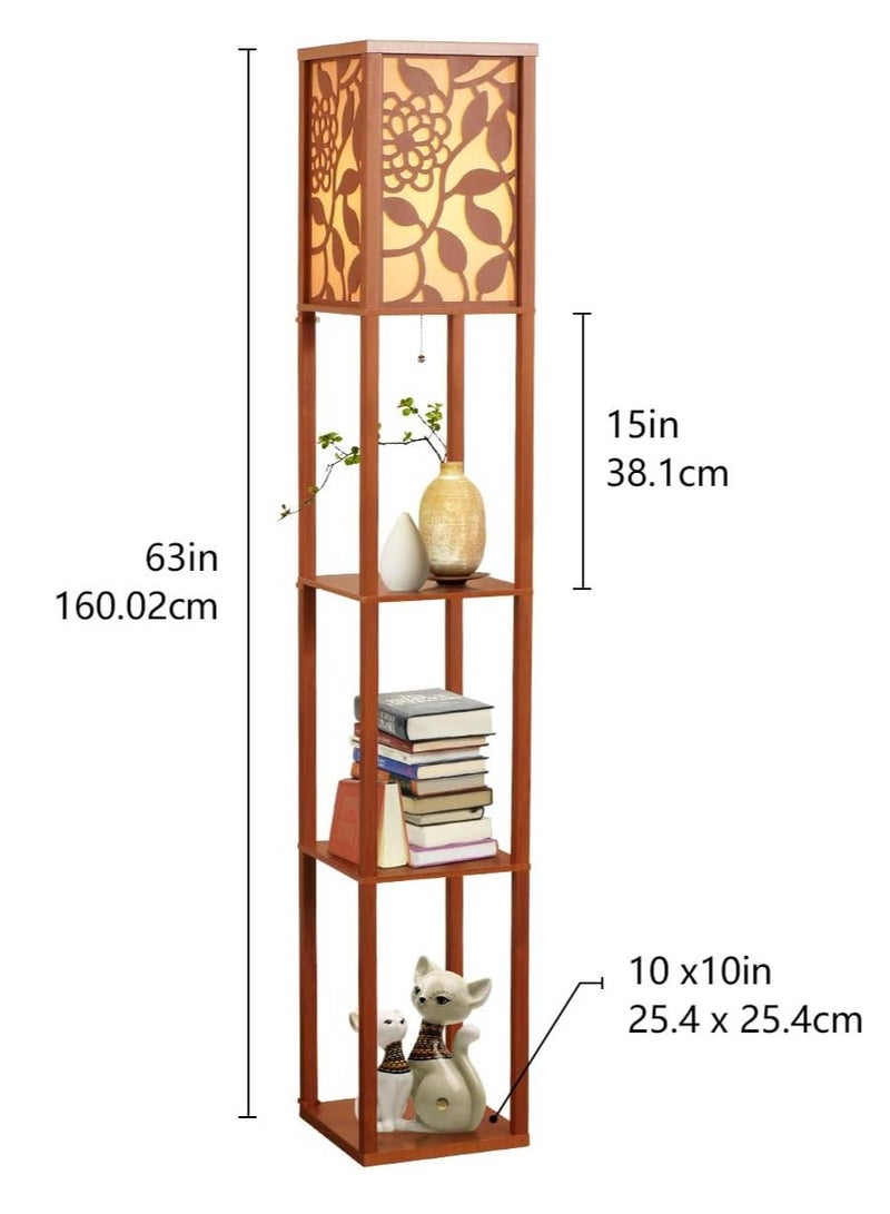 Midwest LED Shelf Floor Lamp, Modern Standing Lamp with 3 Wood Display Storage Shelves and Brown Linen Shade, Asian Wooden Frame Nightstand Floor Light for Living Room Bedroom Office - Image 3