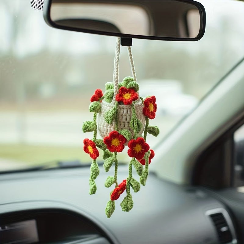 Red Handmade Floral Crochet Rearview Mirror Hanging Ornament Car Accessory Women Decoration - Image 5