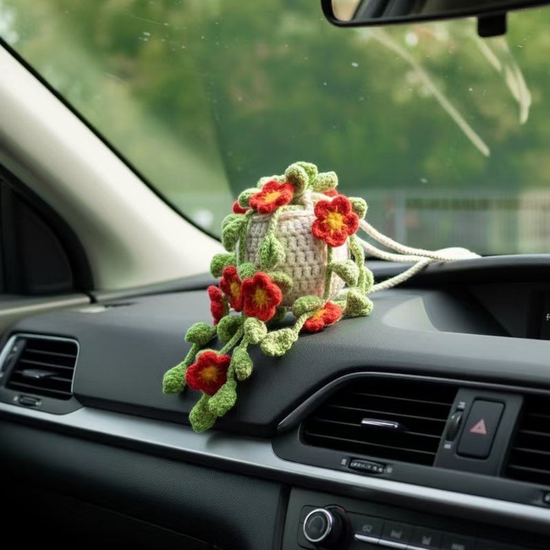 Red Handmade Floral Crochet Rearview Mirror Hanging Ornament Car Accessory Women Decoration - Image 3