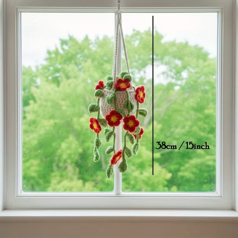 Red Handmade Floral Crochet Rearview Mirror Hanging Ornament Car Accessory Women Decoration - Image 2