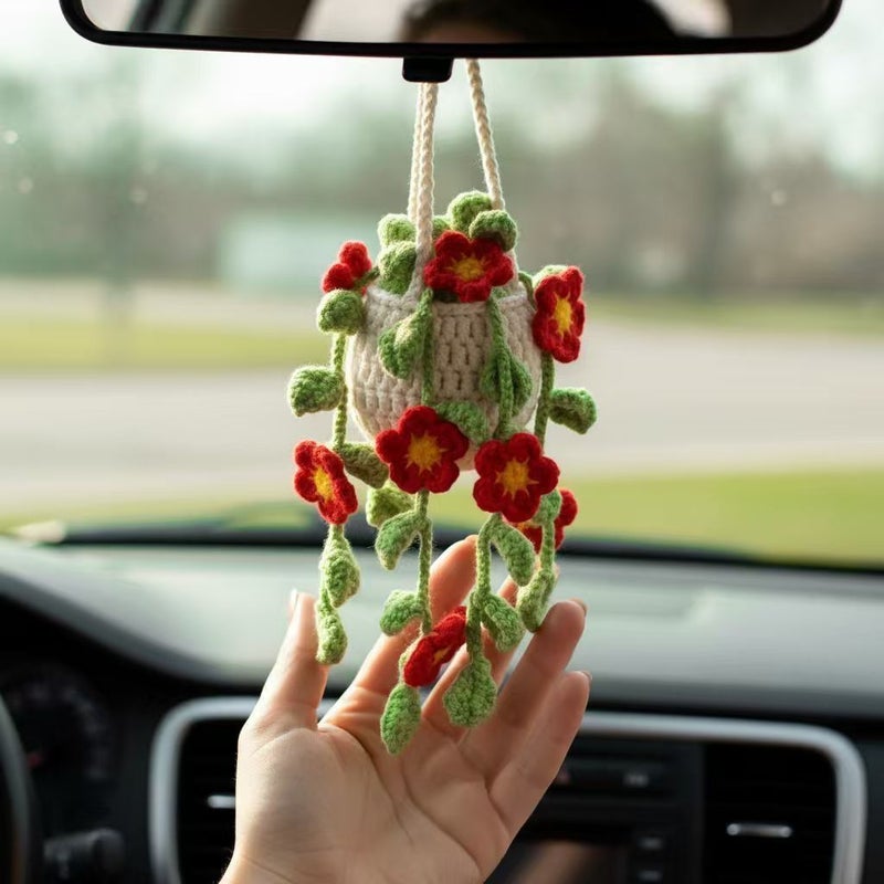 Red Handmade Floral Crochet Rearview Mirror Hanging Ornament Car Accessory Women Decoration - Image 1