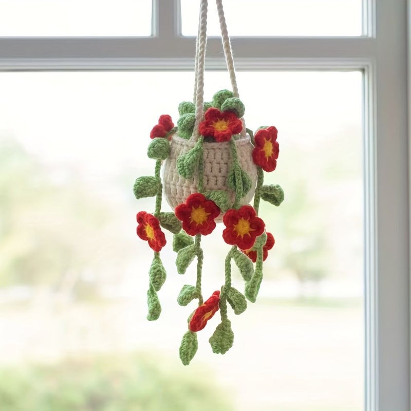 Red Handmade Floral Crochet Rearview Mirror Hanging Ornament Car Accessory Women Decoration - Image 4