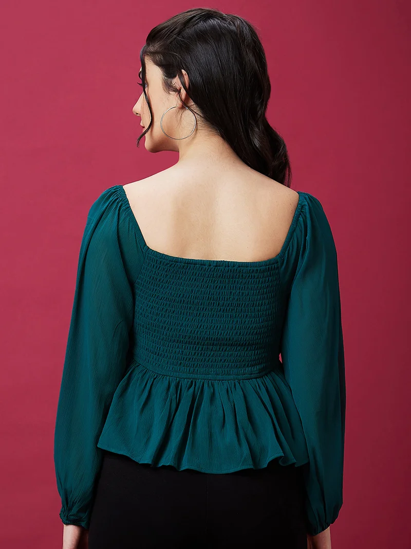 جلو باص Women Teal Square Neck Puff Sleeves Smocked Peplum Georgette Top