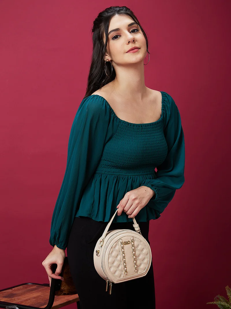 جلو باص Women Teal Square Neck Puff Sleeves Smocked Peplum Georgette Top