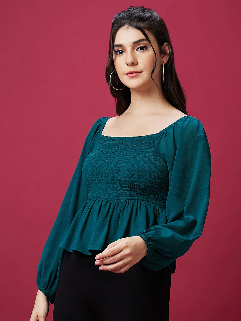 جلو باص Women Teal Square Neck Puff Sleeves Smocked Peplum Georgette Top