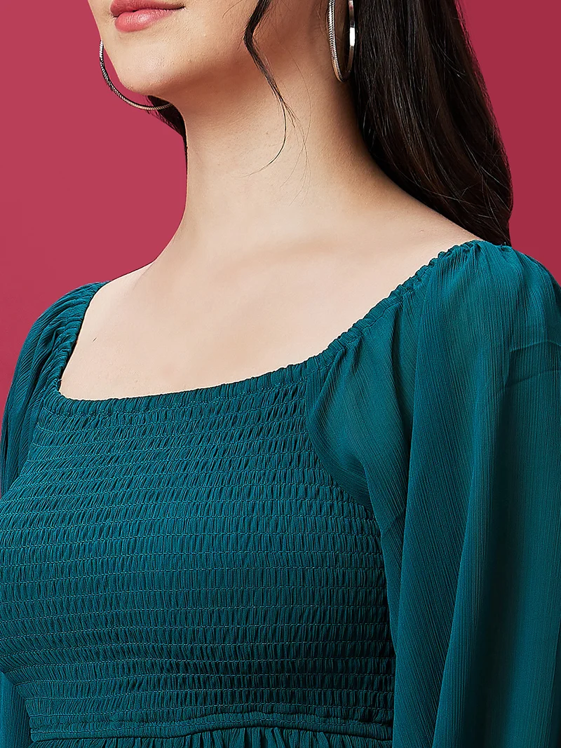 جلو باص Women Teal Square Neck Puff Sleeves Smocked Peplum Georgette Top