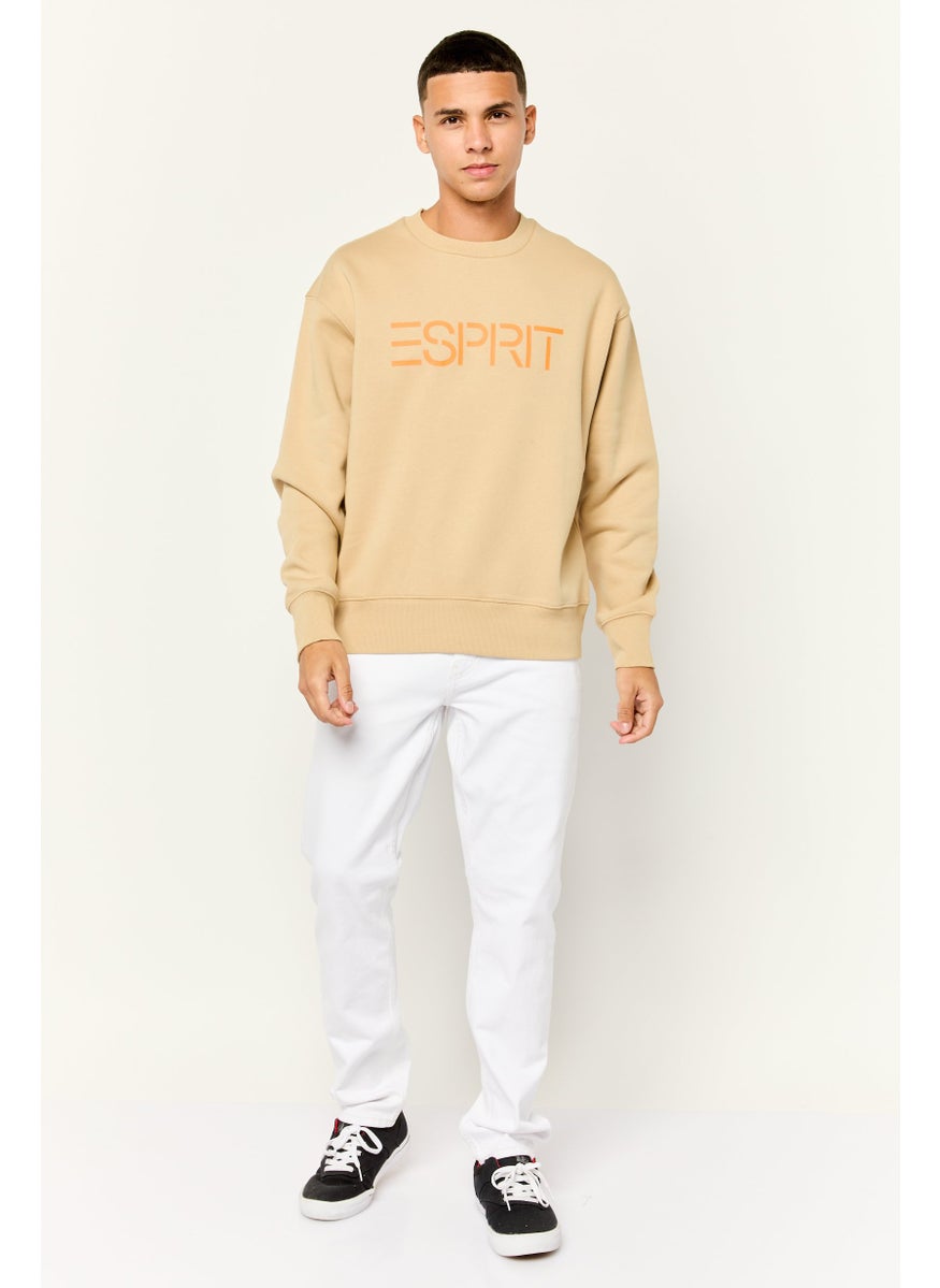ESPRIT - Men Ribbed Collar Long Sleeves Brand Logo Sweatshirts, Tan - Image 1