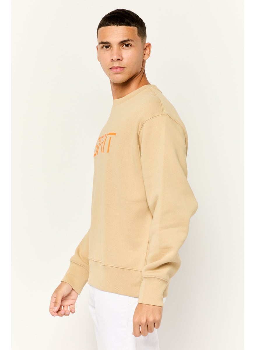 ESPRIT - Men Ribbed Collar Long Sleeves Brand Logo Sweatshirts, Tan - Image 1