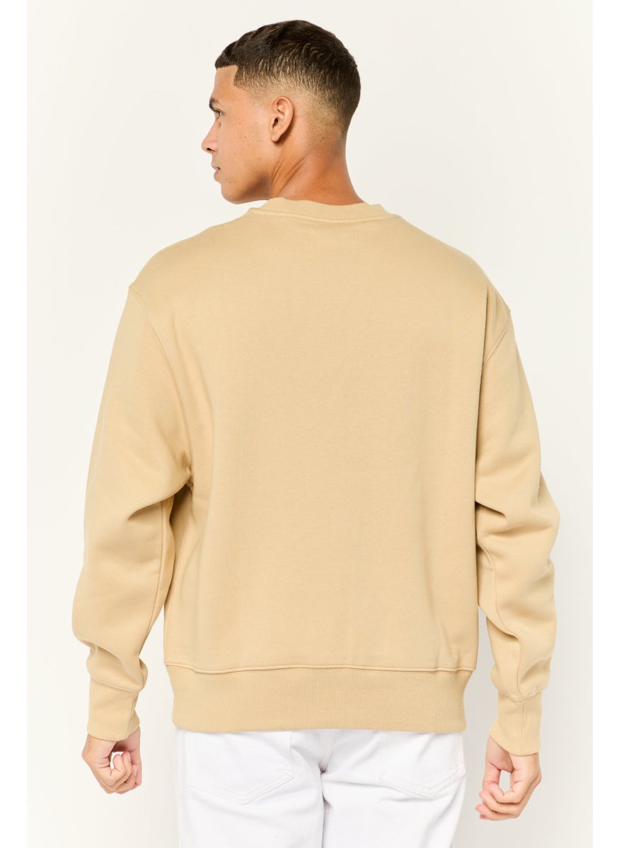 ESPRIT - Men Ribbed Collar Long Sleeves Brand Logo Sweatshirts, Tan - Image 1