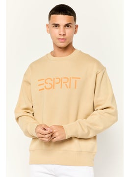 Men Ribbed Collar Long Sleeves Brand Logo Sweatshirts, Tan