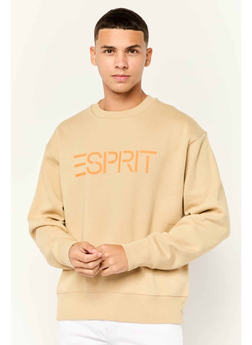 ESPRIT - Men Ribbed Collar Long Sleeves Brand Logo Sweatshirts, Tan - Image 1