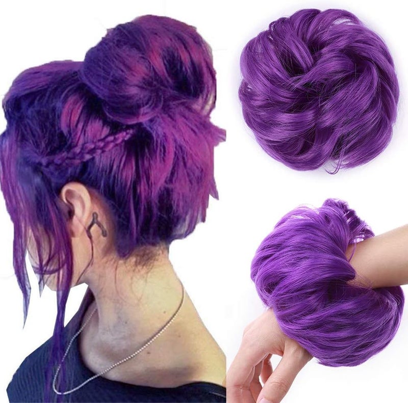 Messy Hair Bun HairScrunchies Extension Curly Wavy Thick Synthetic Chignon for women Updo Hairpiece Ponytail HairAccessories Purple