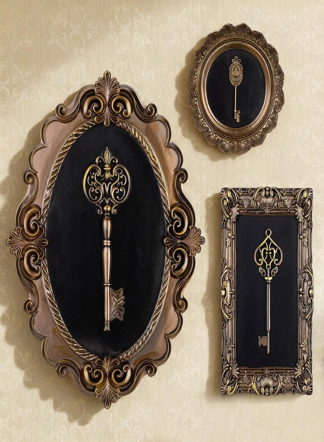 Kathfly 3 Pack Vintage Antique Key Wall Sculpture Gothic Framed Wall Art Hallway Gallery Victorian Decor Bronze Oval Rectangle Round Picture Frame Statue Skeleton Key Home Ornament Gift - Image 1