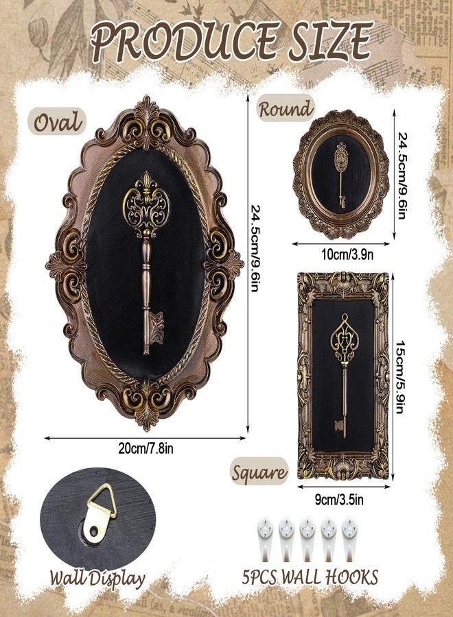 Kathfly 3 Pack Vintage Antique Key Wall Sculpture Gothic Framed Wall Art Hallway Gallery Victorian Decor Bronze Oval Rectangle Round Picture Frame Statue Skeleton Key Home Ornament Gift - Image 2