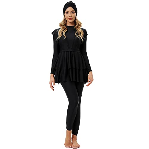 YONGSEN Women Burkini Islamic Modest Plus Size Muslim Swimwear with Bra Pad Front Black and White Grid Hijab Swimsuit (Black, S) - Image 4