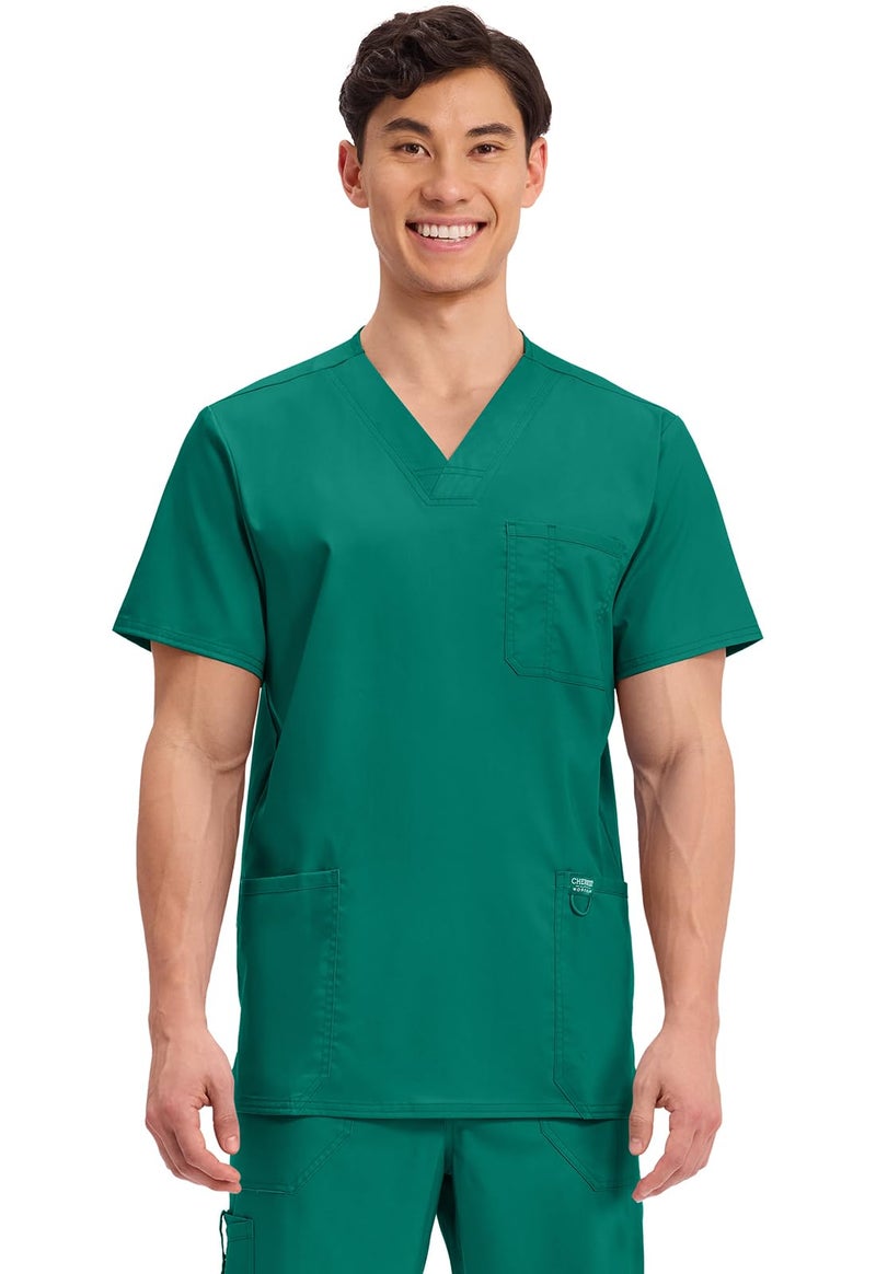Cherokee Scrub top for Men V-Neck with 3 Pockets, Knit Details, Soft, Durable, Breathable, 2-Way Stretch Fabric - WW670, L, Hunter Green