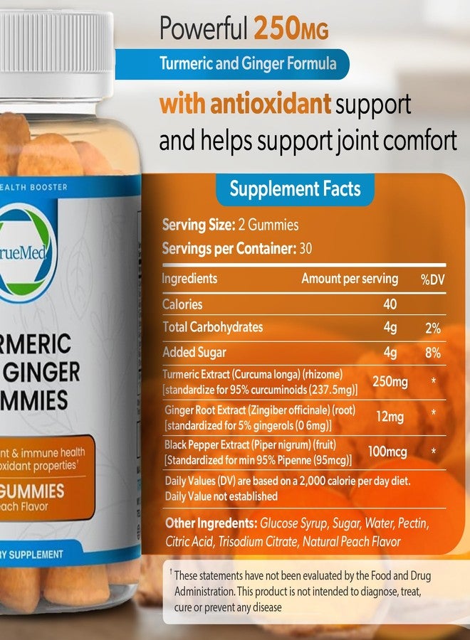 Truemed Turmeric and Ginger Gummies – 95% Curcuminoids & 5% Gingerols, Turmeric Gummies for Inflammation & Joint Health, with Black Pepper Extract, Peach Flavor, USA Made, 60 Count - Image 2