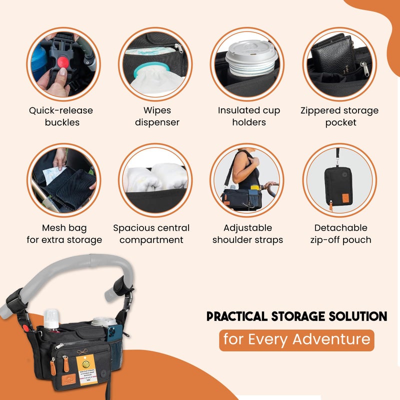 HAPPY PATH & CO. Universal Stroller Organizer with Cup Holder - Baby Caddy Organizer | Stroller Caddy Organizer w/ Anti-Slip Straps to Fit Various strollers like Uppababy, Doona, Nuna & More | Waterproof Walker Bag - Image 3