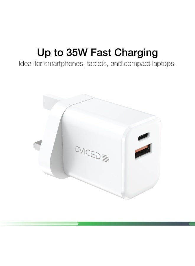 Dviced Wall charger 35W GaN with 1 USB-A 1 USB-C port , UK plug - White - Image 2