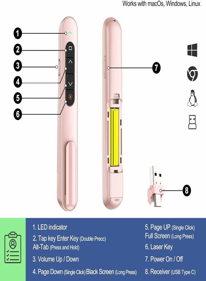 Rts USB Type-C 2 in 1 Last Pointer 2024-2025 Presentation Clicker for PPT PowerPoint Clicker, Hyperlink Volume Control Wireless Presenter, RF 2.4GHz USB Remote Control for Keynote/MAC/PC/Laptop Pink - Image 5
