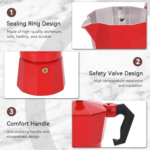 3D CREATIONS Alluminium Italian Style Stovetop Coffee Maker Moka Pot espresso Coffee percolator 6 cups of Coffee (Red, 300 ml) - Image 3