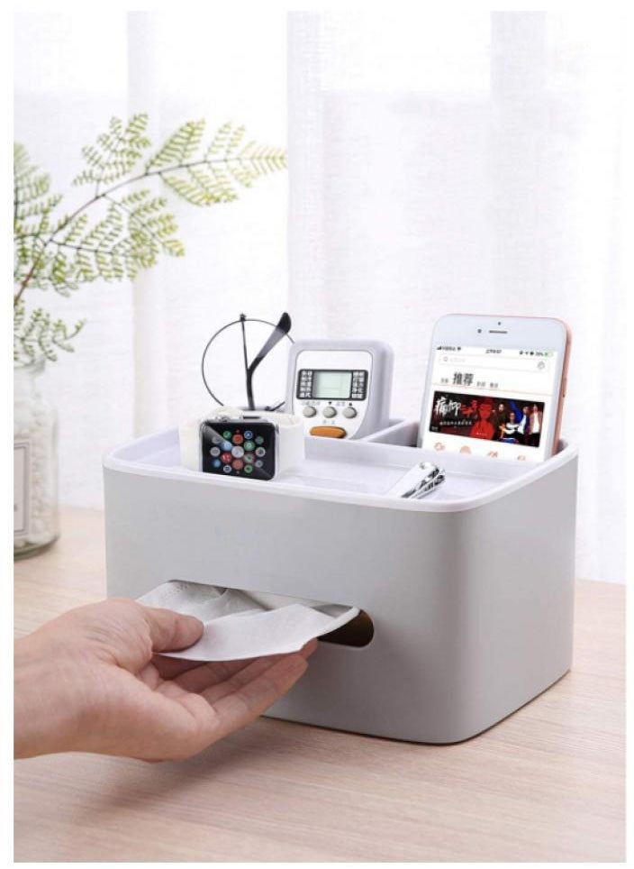 Plastic Tissue Box Holder, Drawer Storage Desk Storage Organizer Desktop Tissue Box Organizer Box Container for Home Kitchen Office Gray