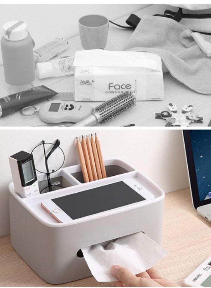 Plastic Tissue Box Holder, Drawer Storage Desk Storage Organizer Desktop Tissue Box Organizer Box Container for Home Kitchen Office Gray
