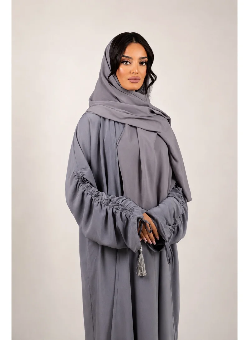 Ophelia grey Armina Stringed Abaya – Elegant Tie-Sleeve 3-in-1 Set with Inner Dress & Matching Hijab for Women | Best Price UAE