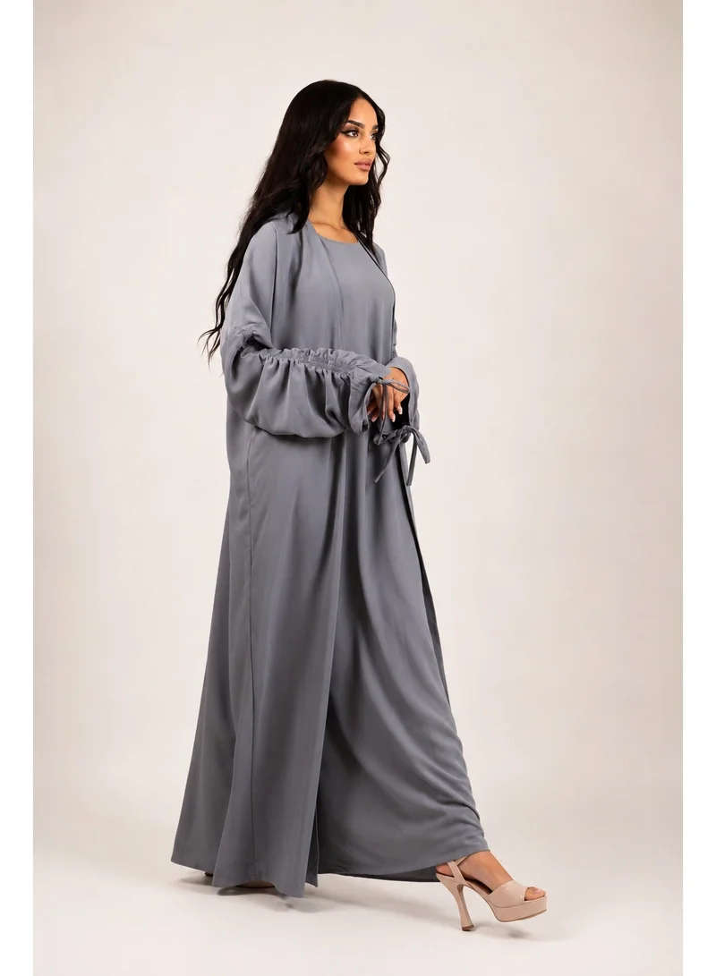 Ophelia grey Armina Stringed Abaya – Elegant Tie-Sleeve 3-in-1 Set with Inner Dress & Matching Hijab for Women | Best Price UAE